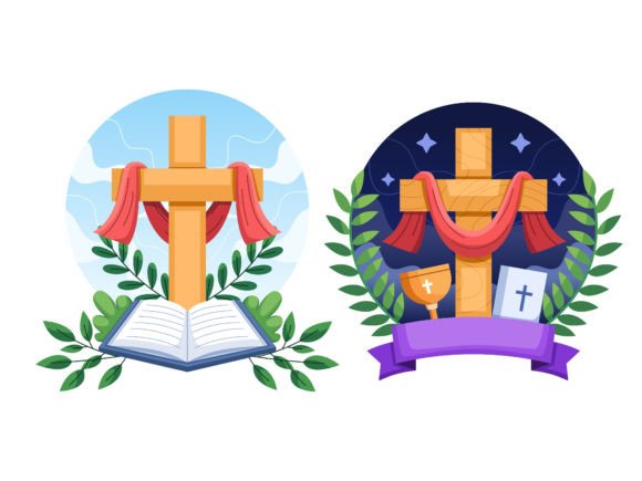 A Cross and a Bible with Floral Element Illustrations
