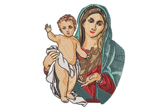 Virgin Mary with Child Jesus in Arms Embroidery Work