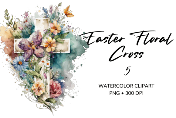 Watercolor Floral Cross Sublimation 5 Illustrations